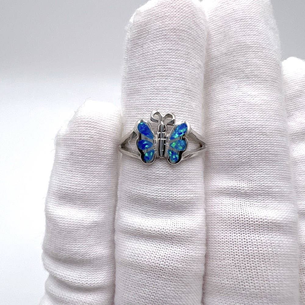 Sale $18 Firm! .925 Sterling Silver Lab Created Blue Opal Butterfly Ring - Picture 9 of 14